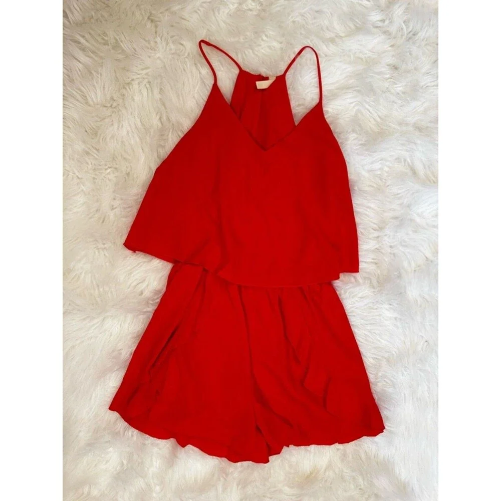 Red Orange Coral Ruffle Romper Small Flowy Layered V-Neck Summer Vacation Outfit - Picture 3 of 12